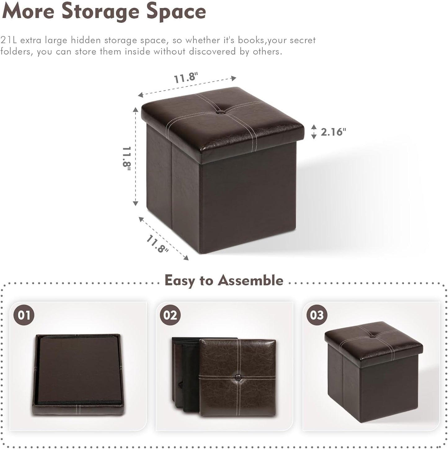 Folding Storage Ottoman, Faux Leather Footrest Seat Coffee Table Toy Chest Kids, Brown 11.8"X11.8"X11.8"