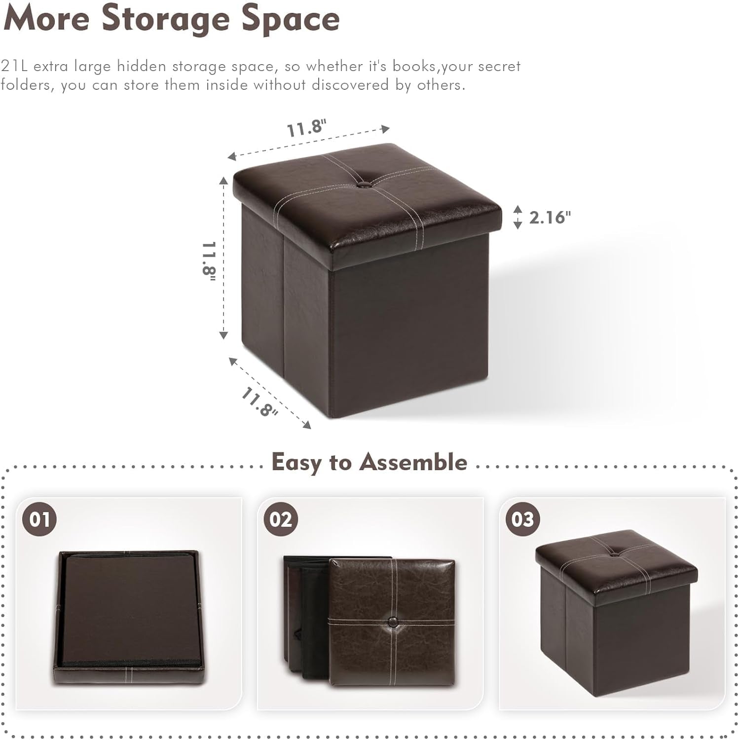 Folding Storage Ottoman, Faux Leather Footrest Seat Coffee Table Toy Chest Kids, Brown 11.8"X11.8"X11.8"