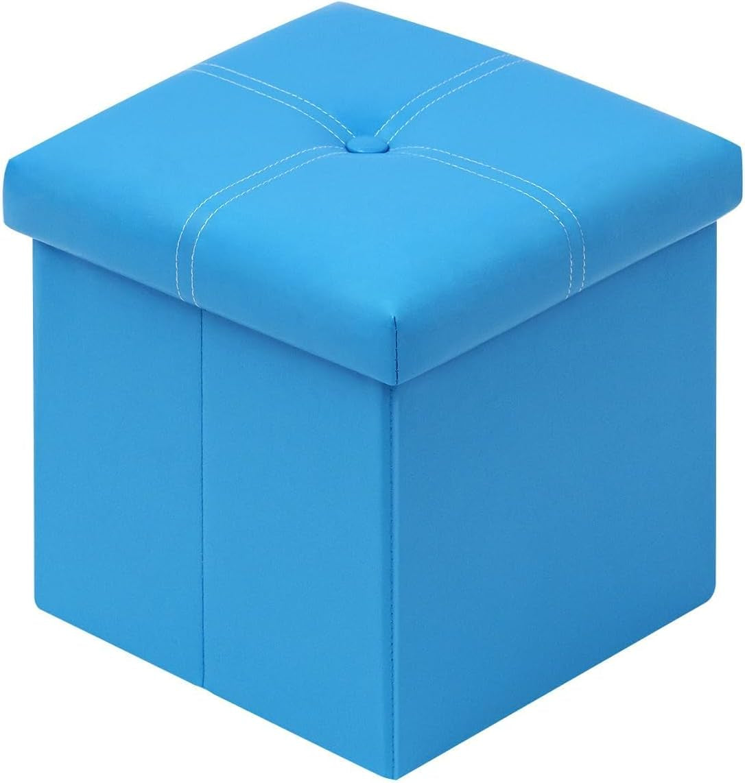 Folding Storage Ottoman, Faux Leather Footrest Seat Coffee Table Toy Chest Kids, Blue 11.8"X11.8"X11.8"