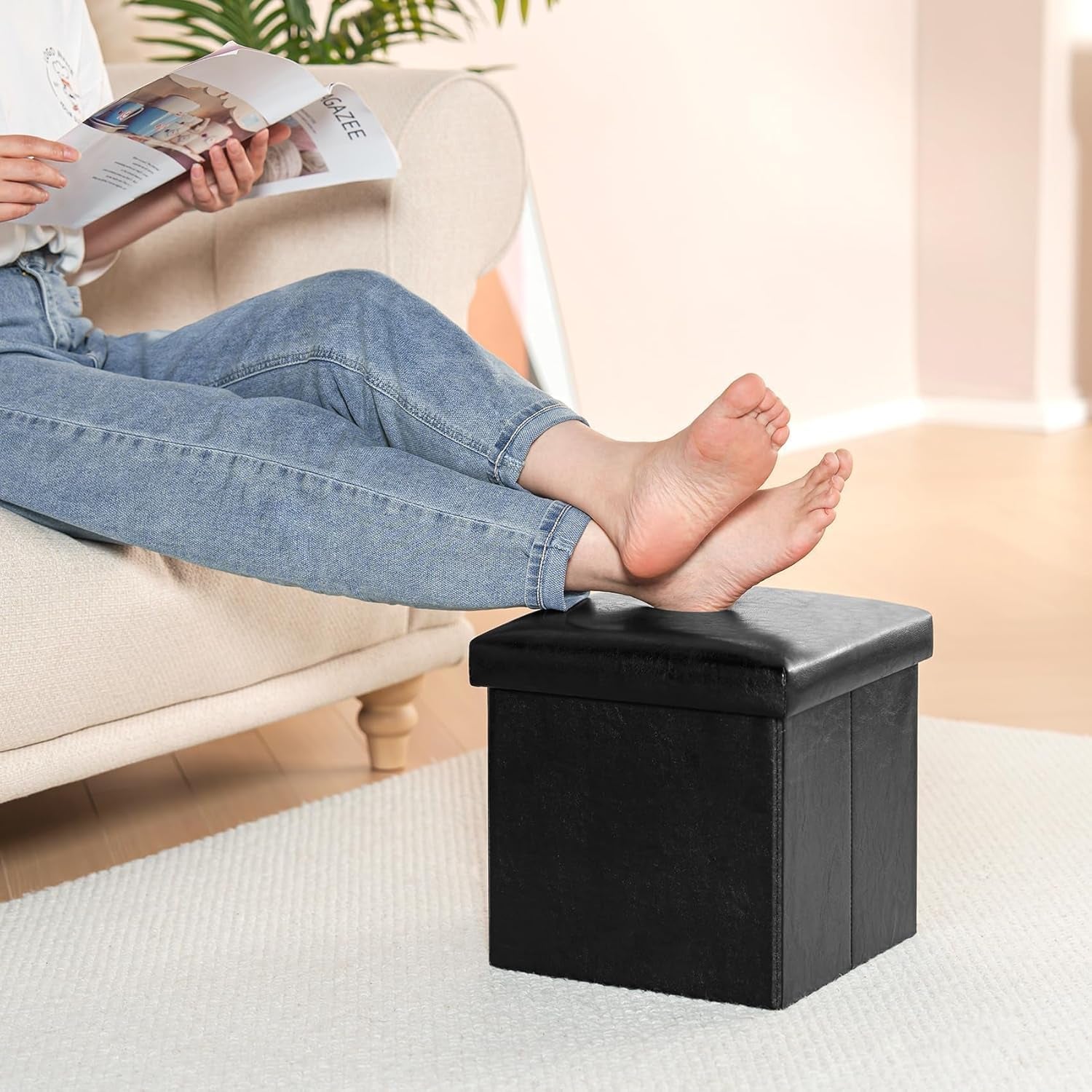 Folding Storage Ottoman Cube with Faux Leather for Living Room, Bedroom, Home Office, Dorm Storage Footrest Black 11.8"X11.8"X11.8"