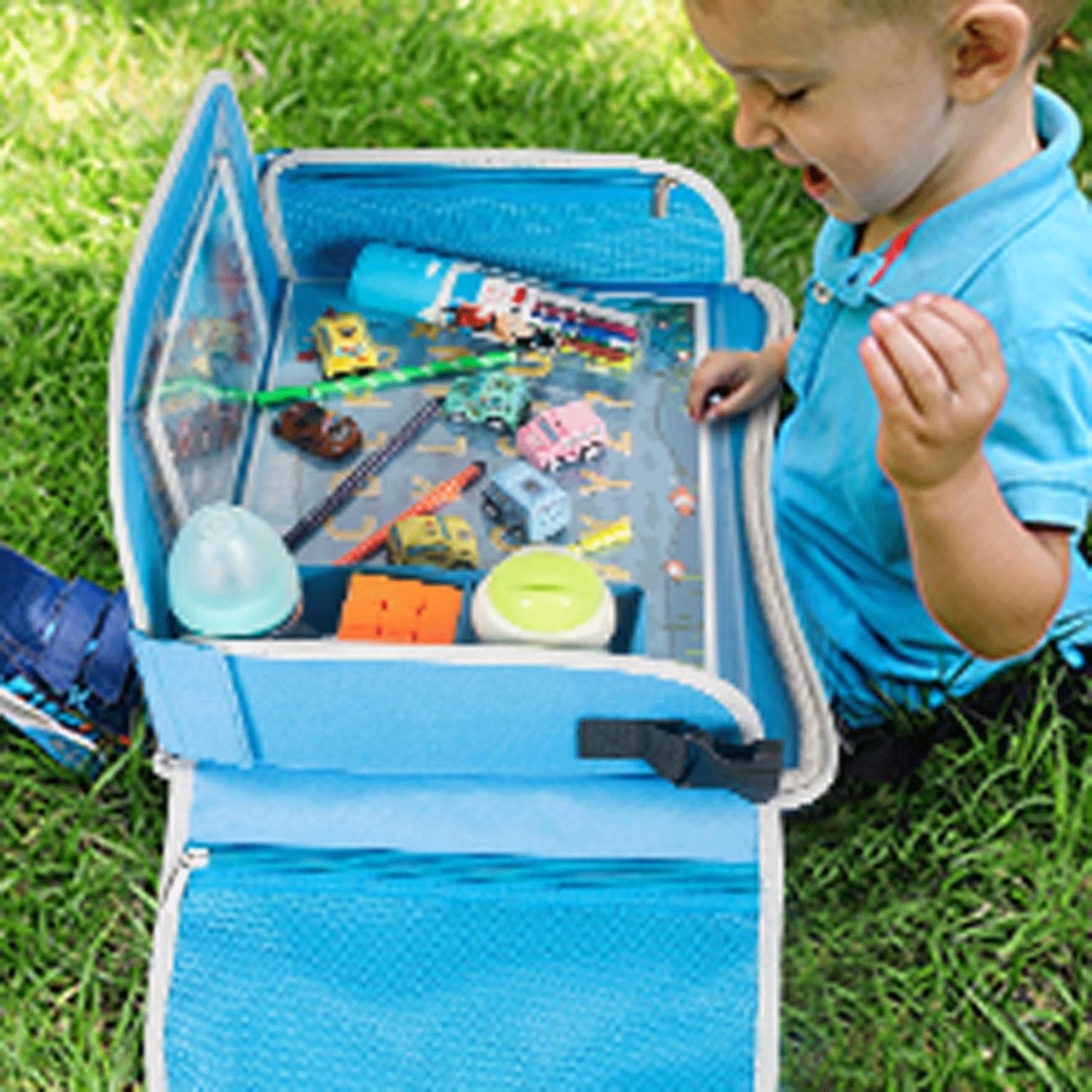 Kids Travel Tray, Car Seat Tray for Kids Travel, Toddler Essentials Girls with Tablet Holder, Road Trip Essentials with Cooler Cup Holder, Dry Erase Board & Storage Pocket for Airplane, Blue