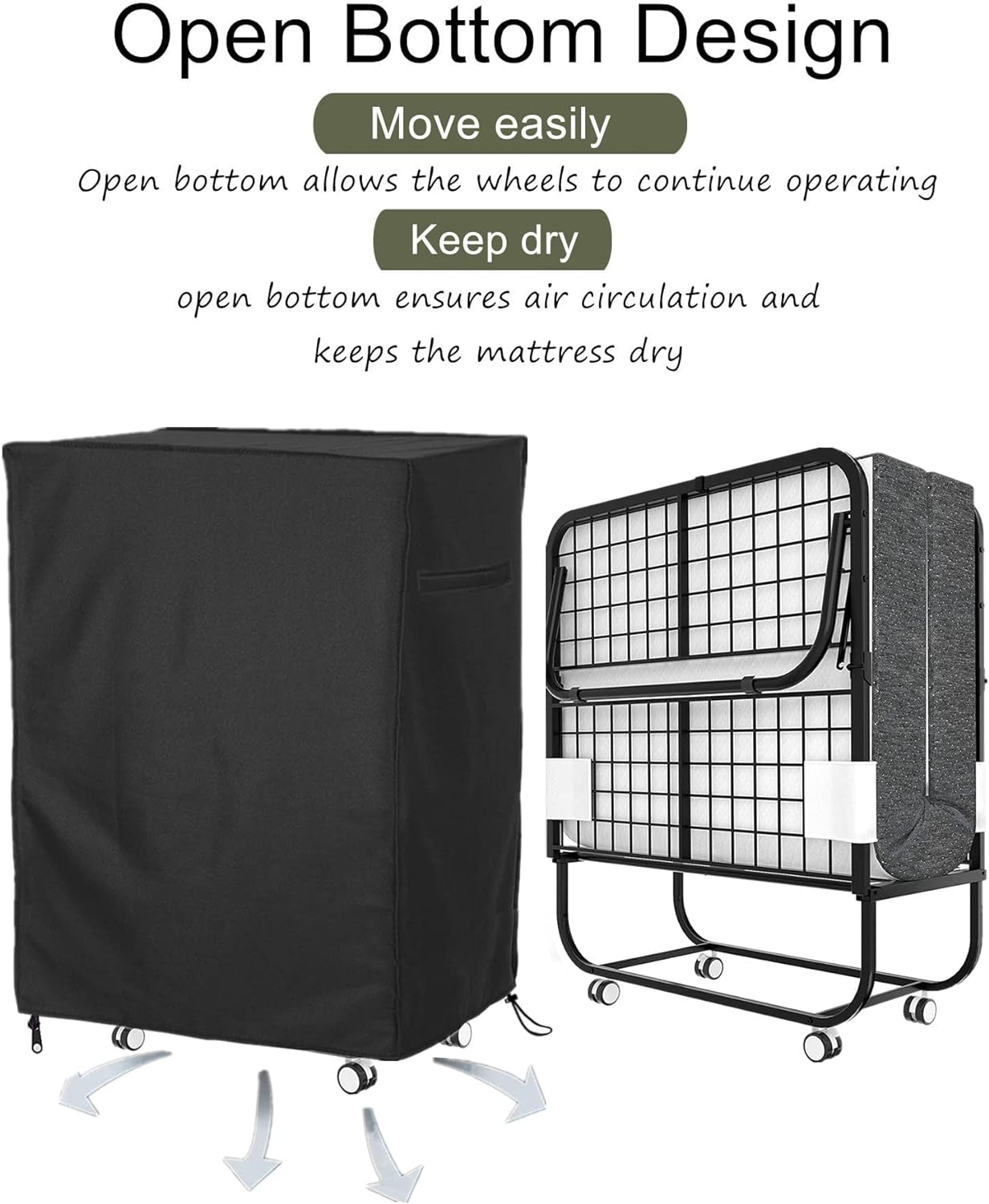 33 in Folding Bed Cover, Black Rollaway Bed Storage Cover for Fold up Bed, Thickened Folding Cot Bed Cover, with Metal Zipper and Adjustable Drawstring, Dustproof and Waterproof