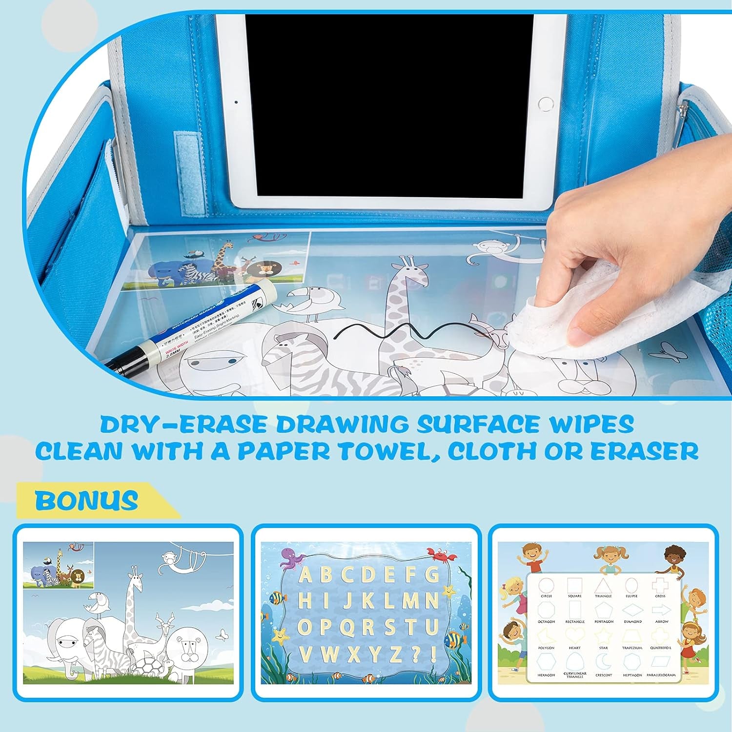 Kids Travel Tray, Car Seat Tray for Kids Travel, Toddler Essentials Girls with Tablet Holder, Road Trip Essentials with Cooler Cup Holder, Dry Erase Board & Storage Pocket for Airplane, Blue