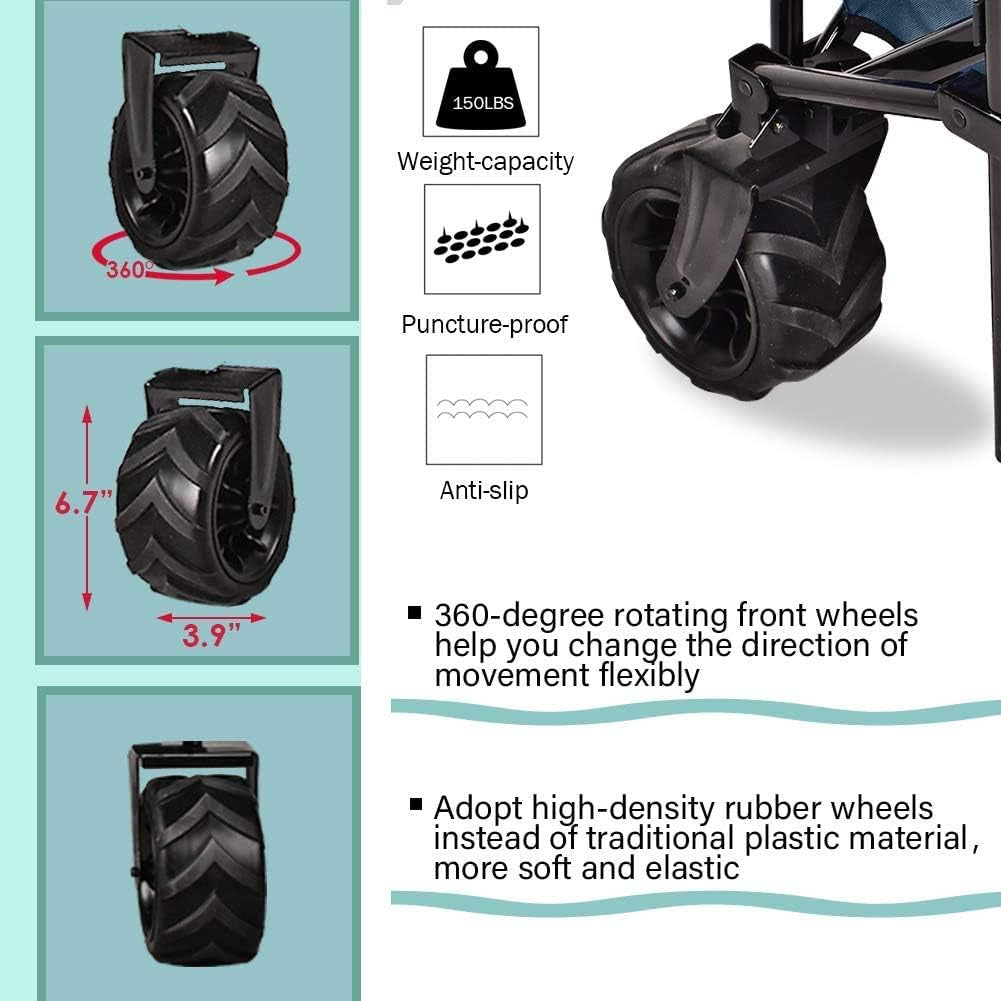 Folding Wagon Collapsible Utility Big Wheels Shopping Cart for Beach Outdoor Camping Garden Canvas Fabric All Terrain Heavy Duty Portable Grocery Cart Buggies Adjustable Handle (Navy)