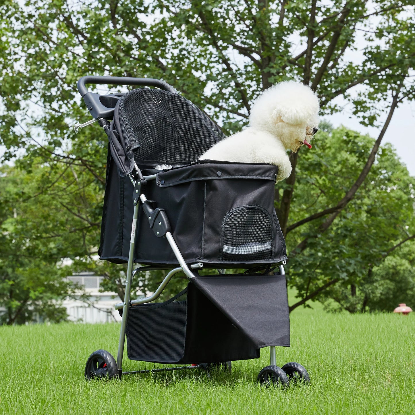 Dog Stroller, Pet Travel Folding Carrier with Storage Basket for Cat/Dog, 3 Wheels, Black