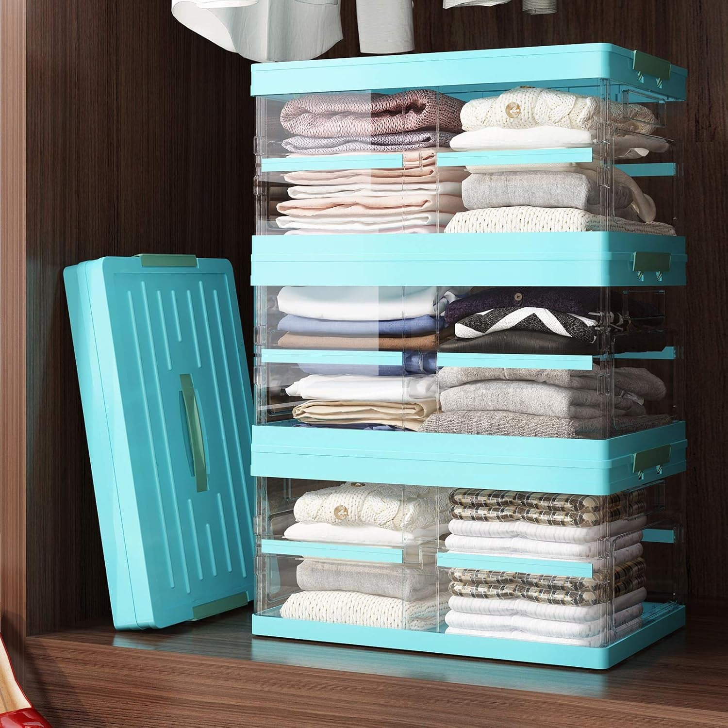 Collapsible Storage Bins with Lids, Stackable Clear Latch Storage Box with Handle, Folding Plastic Containers, 22Qt, Blue