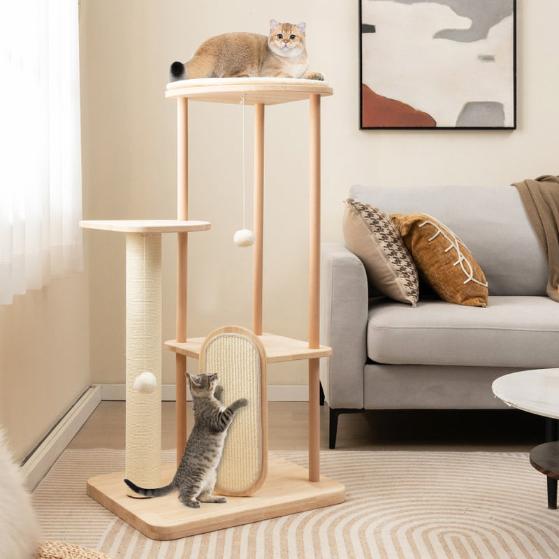 Wooden Multi-Level Modern Cat Tower with Scratching Board and Post