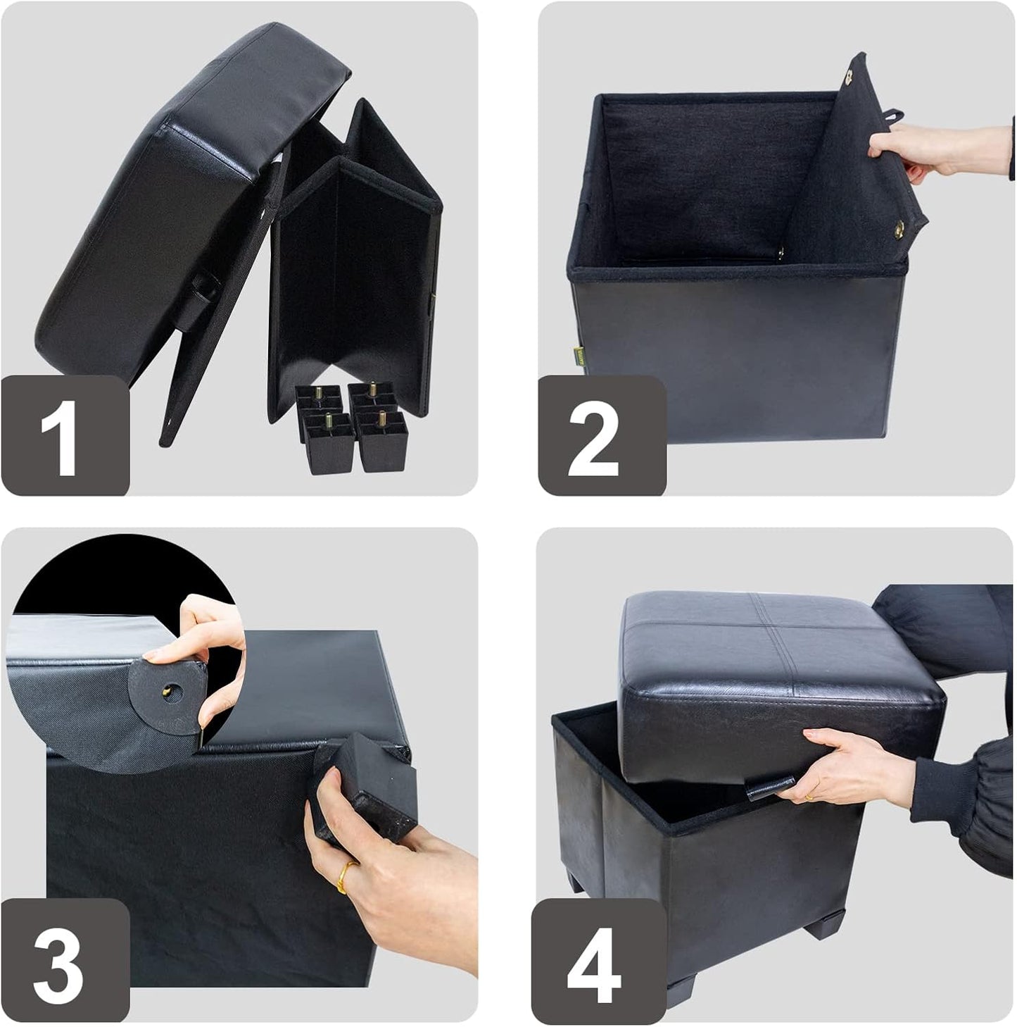 Storage Ottoman Cube Folding Footstool PU Leather Storage Bench with Legs, Storage Chest for Living Room, Bedroom, 15.7 X 15.7 X15.7 Inches, Black