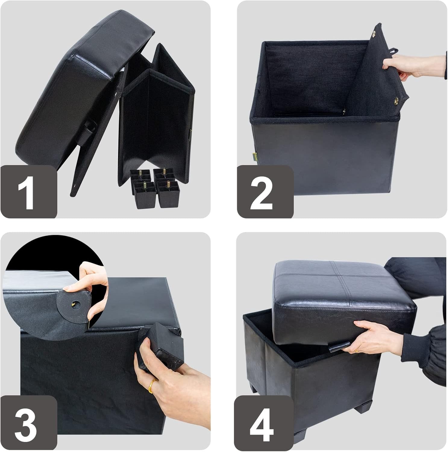 Storage Ottoman Cube Folding Footstool PU Leather Storage Bench with Legs, Storage Chest for Living Room, Bedroom, 15.7 X 15.7 X15.7 Inches, Black