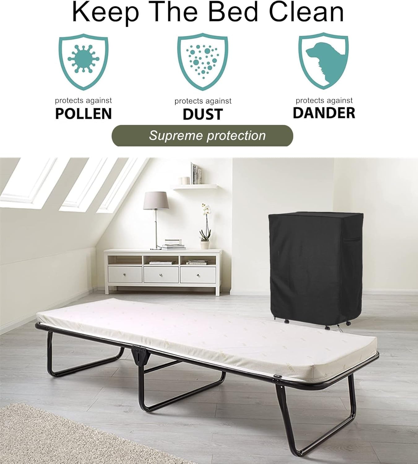 33 in Folding Bed Cover, Black Rollaway Bed Storage Cover for Fold up Bed, Thickened Folding Cot Bed Cover, with Metal Zipper and Adjustable Drawstring, Dustproof and Waterproof