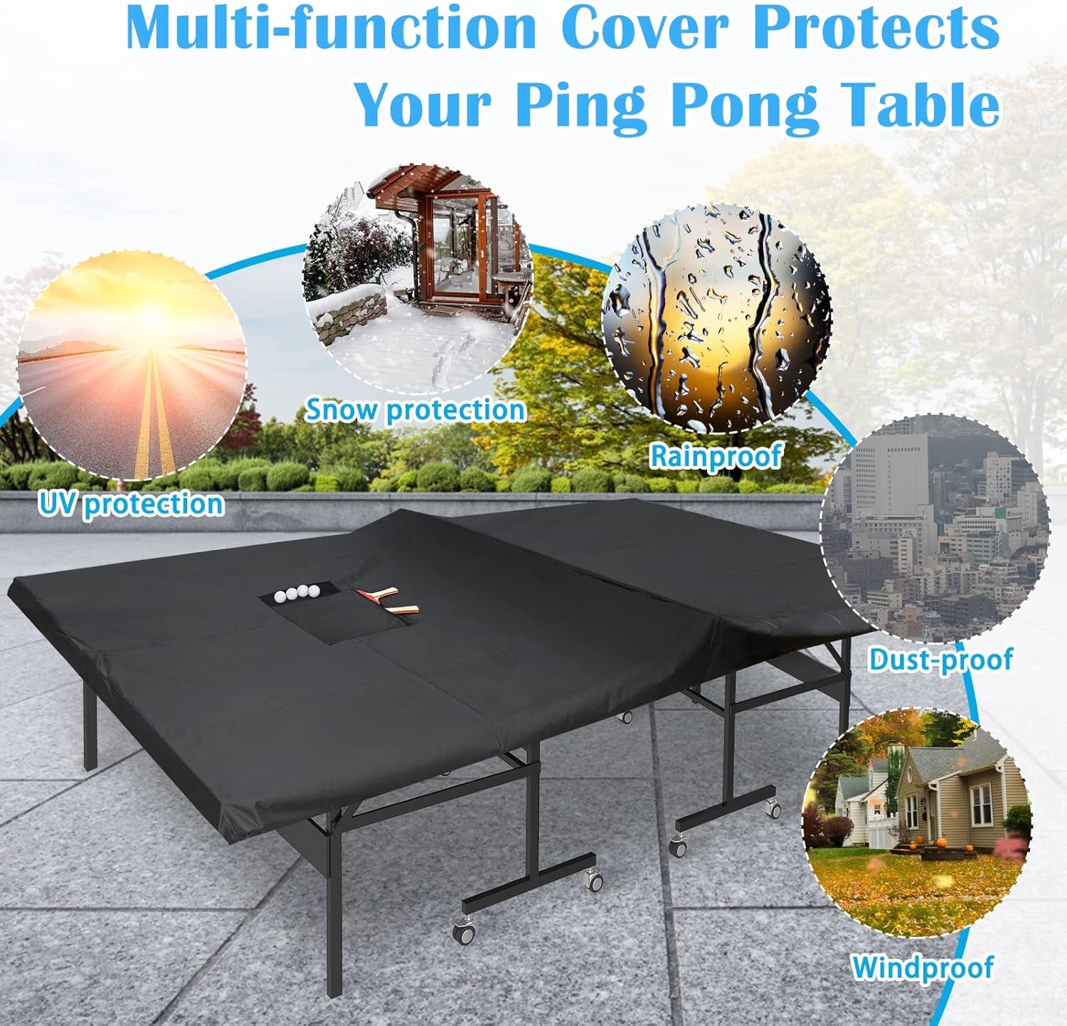 Outdoor Ping Pong Table Cover Waterproof,  420D Oxford Cloth Black Tennis Table Cover with 2 Pockets for Desktennis Balls and Rackets, Dust Covering for Folding & Flat Pingpong Desk