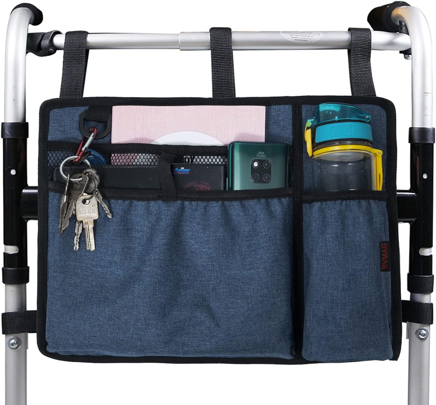 Walker Bag Pouch Basket with Cup Holder Armrest Attachments Hand Free Storage Bags Waterproof for Folding Rollator Accessories Suit for Elderly Seniors Handicap Disabled (Blue)
