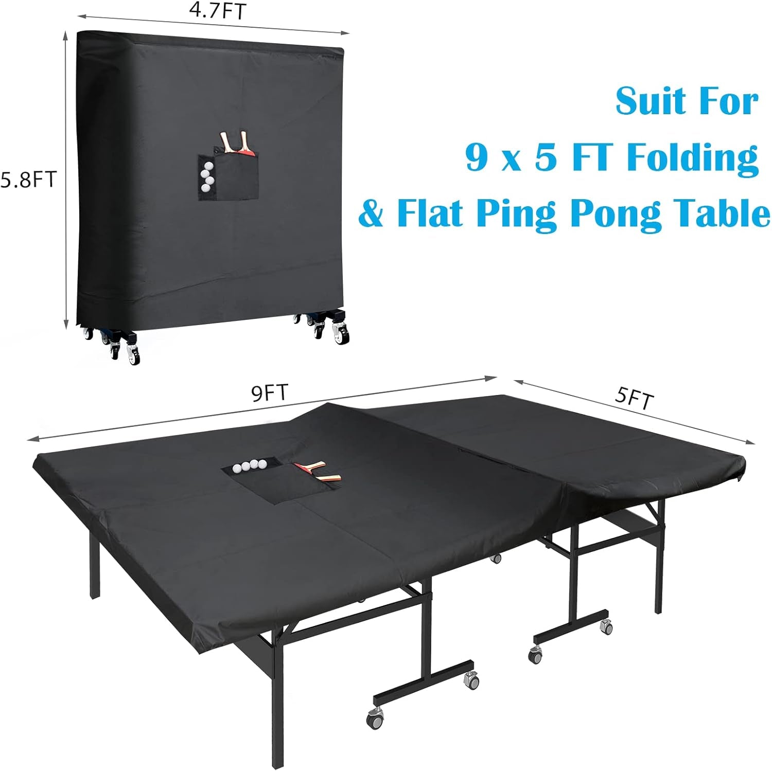 Outdoor Ping Pong Table Cover Waterproof,  420D Oxford Cloth Black Tennis Table Cover with 2 Pockets for Desktennis Balls and Rackets, Dust Covering for Folding & Flat Pingpong Desk