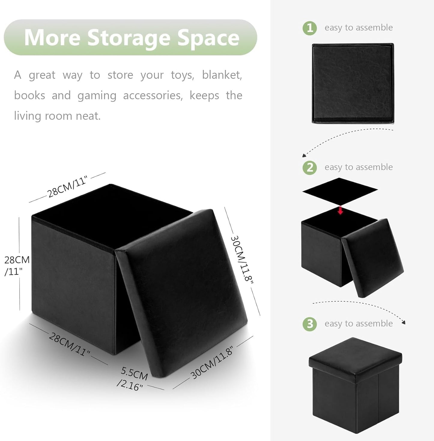 Folding Storage Ottoman Cube with Faux Leather for Living Room, Bedroom, Home Office, Dorm Storage Footrest Black 11.8"X11.8"X11.8"