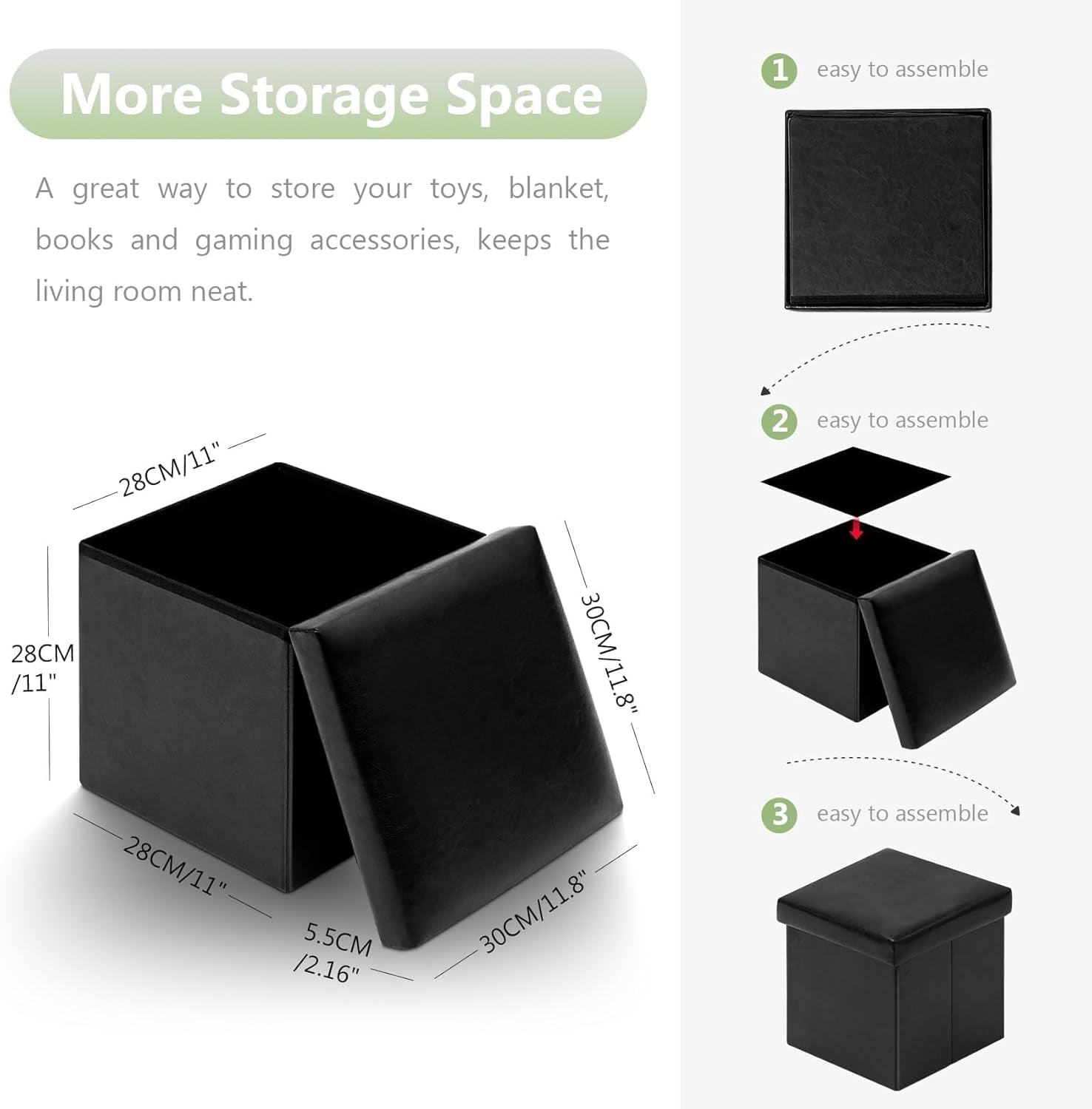 Folding Storage Ottoman Cube with Faux Leather for Living Room, Bedroom, Home Office, Dorm Storage Footrest Black 11.8"X11.8"X11.8"