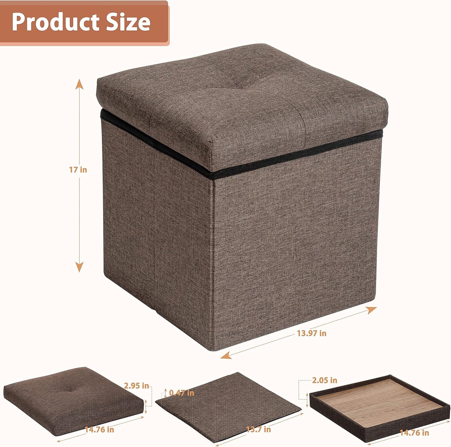 Storage Ottoman with Tray, Square Folding Ottoman Coffee Table, Portable Footrest Stool, Brown