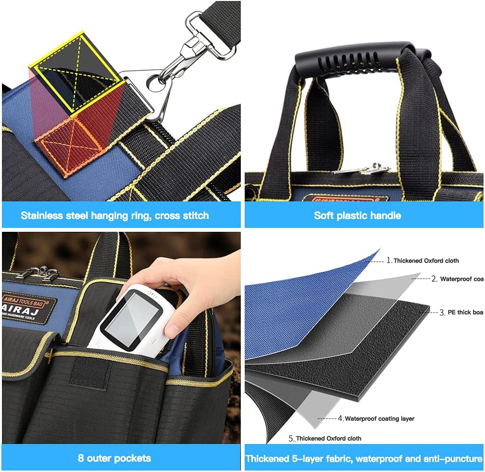 Tool Bag,16 Inch Waterproof Tool Bag Organizer with ABS Molded Hard Base,Soft Padded Handle and Shoulder Strap,Oxford Cloth,Tool Bags for Men & Women