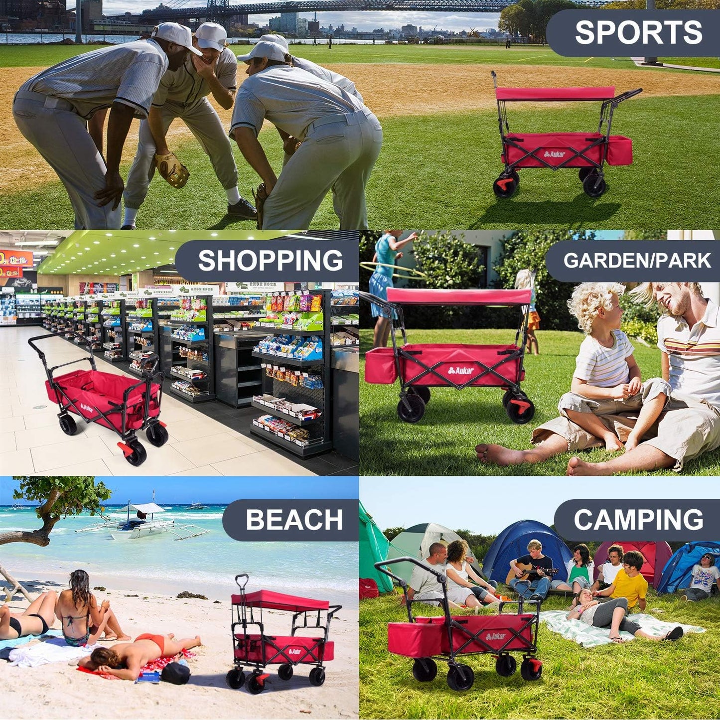 Collapsible Canopy Wagon - Heavy Duty Utility Outdoor Garden Cart - with Adjustable Handles , for Shopping, Picnic, Camping, Sports - Red