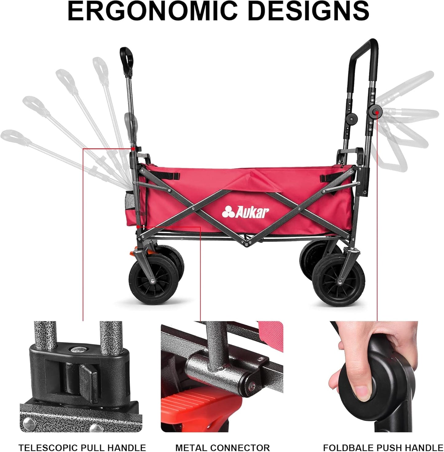 Collapsible Canopy Wagon - Heavy Duty Utility Outdoor Garden Cart - with Adjustable Handles , for Shopping, Picnic, Camping, Sports - Red