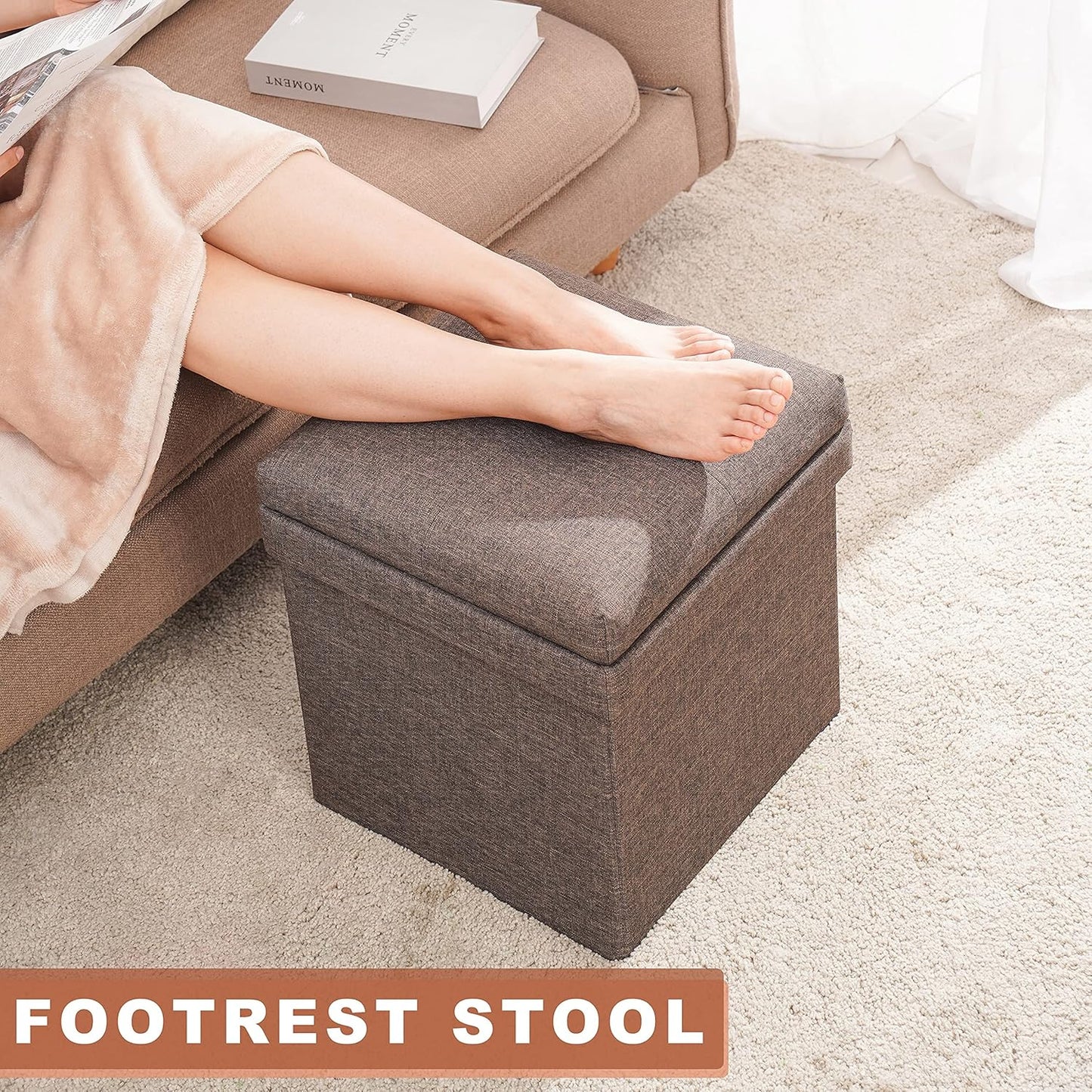 Storage Ottoman with Tray, Square Folding Ottoman Coffee Table, Portable Footrest Stool, Brown
