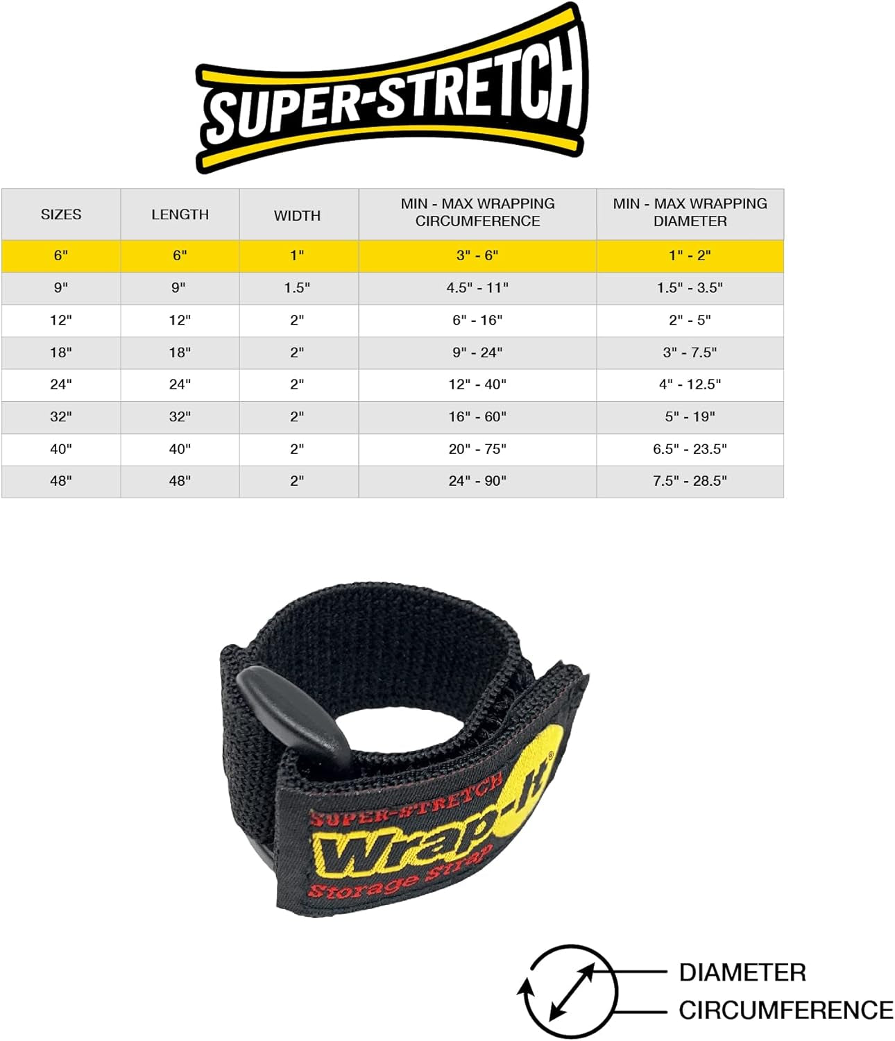 Super-Stretch Straps, 6" (12 Pack) - Elastic Hook and Loop Cinch Straps - Extension Cord Organizer, Hose Strap, Cable Straps, Tool Strap, Cord Wrap, Cord Keeper and Cable Storage