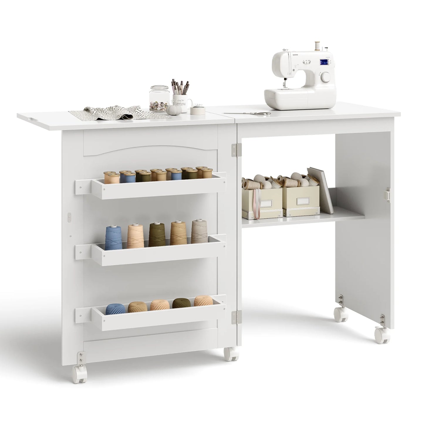 White Folding Sewing Craft Table with Storage Shelves Cabinet Lockable Wheels