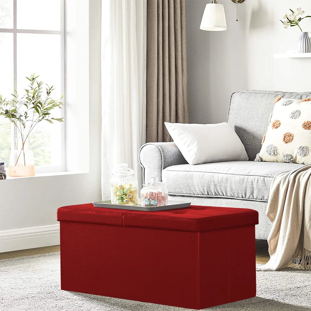 Folding Storage Ottoman Bench,Leather Footstool End of Bed Storage Bench Storage Chest,Foot Rest for Living Room,Bedroom Hallway Bench with Storage,Holds up to 330Lb,30X15X15Inches,Red