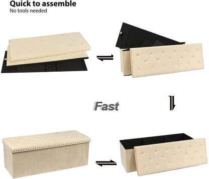43.3" Beige Velvet Ottoman Storage, Extra Large End of Bed Storage Box with Lids, Footstool Folding Ottoman Bench Window Seat with Rivet