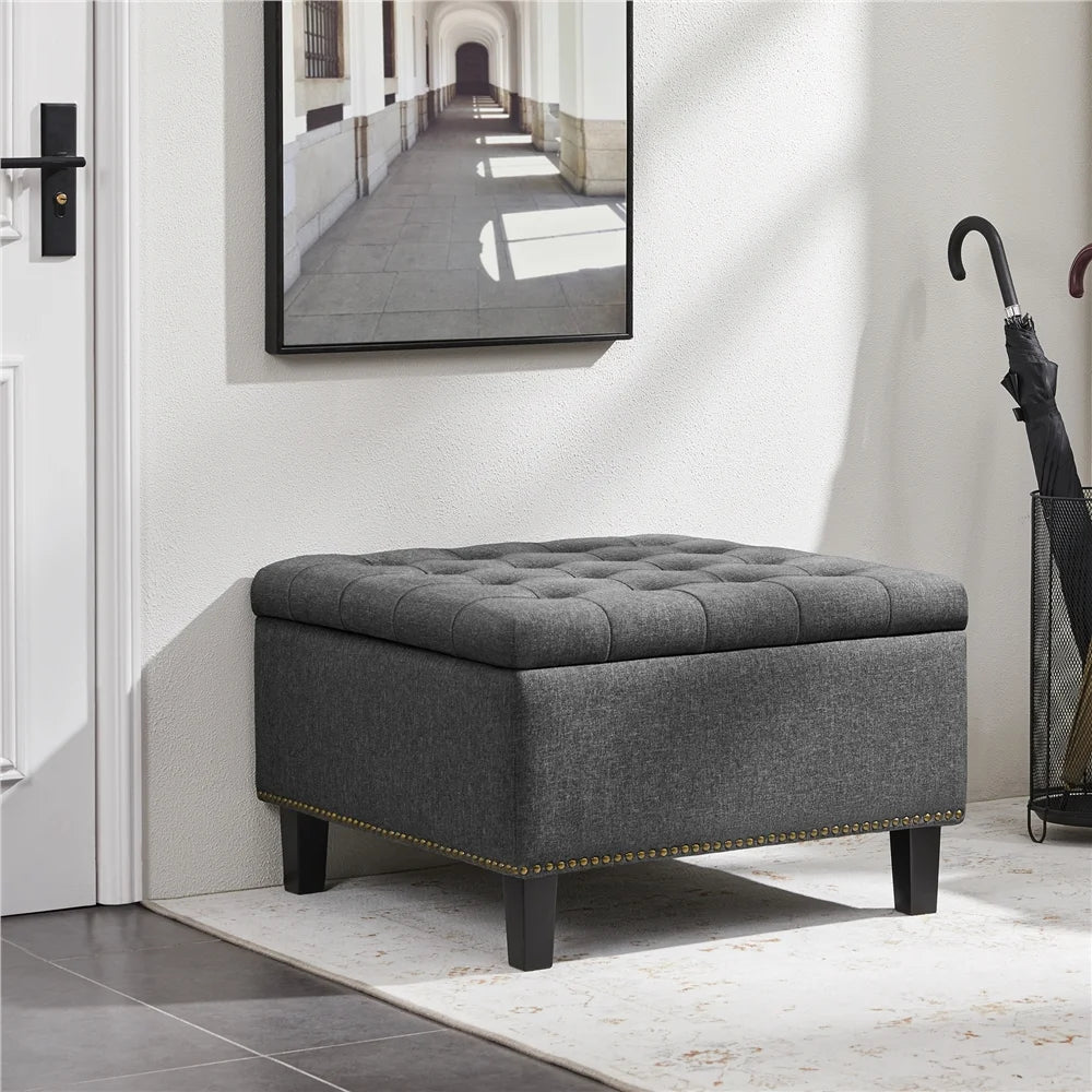 Modern Linen-Like Storage Ottoman Bench with Button-Tufted for Entryway, Dark Gray