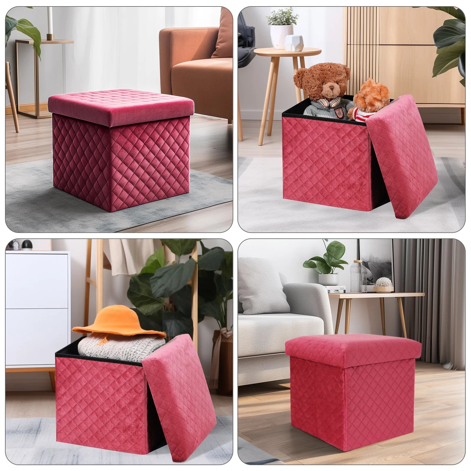 Folding Storage Ottoman Cube Velvet Tufted Space-Saving Toy Box Foot Rest Stool Seat for Home Bedroom, 11.8"