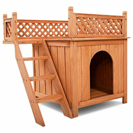 Wood Pet Dog House with Roof Balcony and Bed Shelter