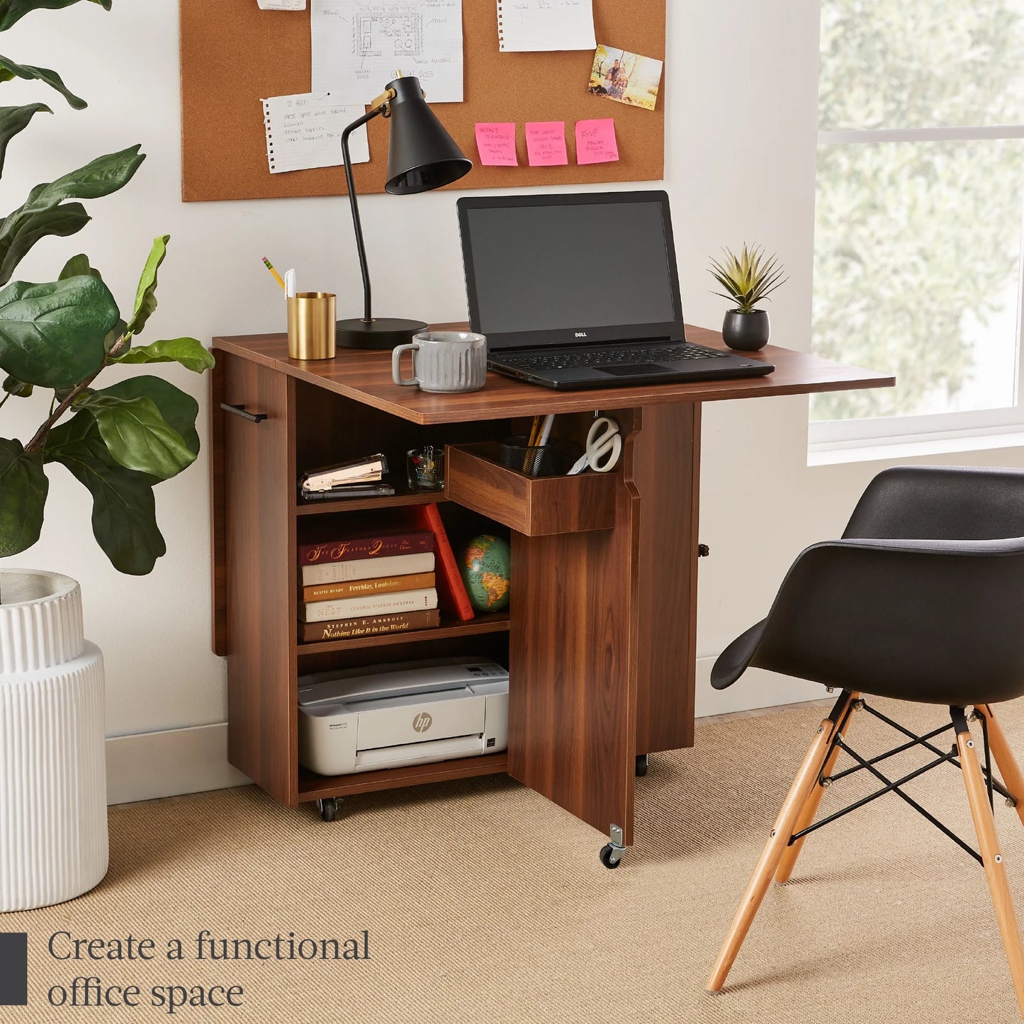 Multipurpose Folding Table W/ Wheels, 3 Storage Shelves, Cubby, Handle - Brown