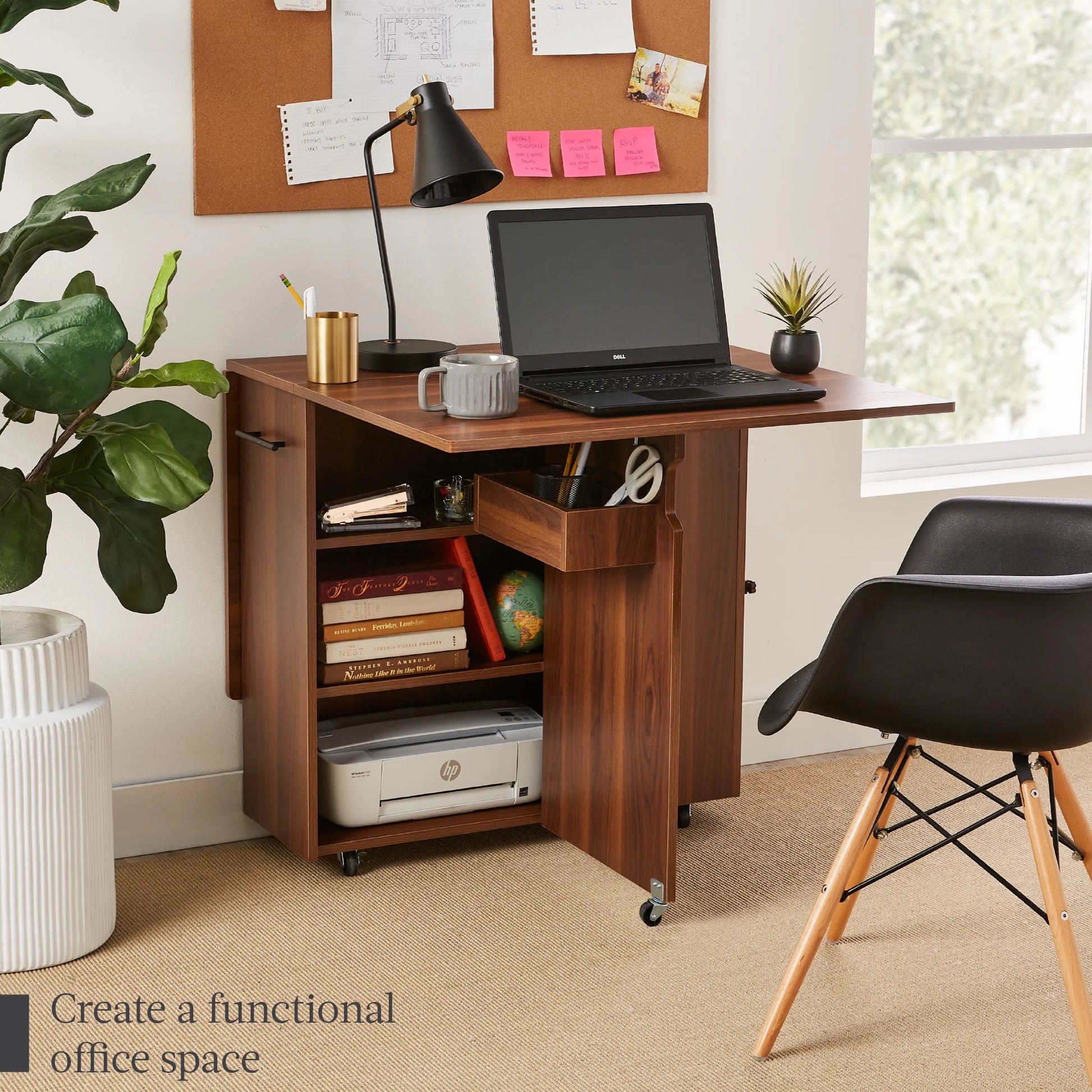 Multipurpose Folding Table W/ Wheels, 3 Storage Shelves, Cubby, Handle - Brown