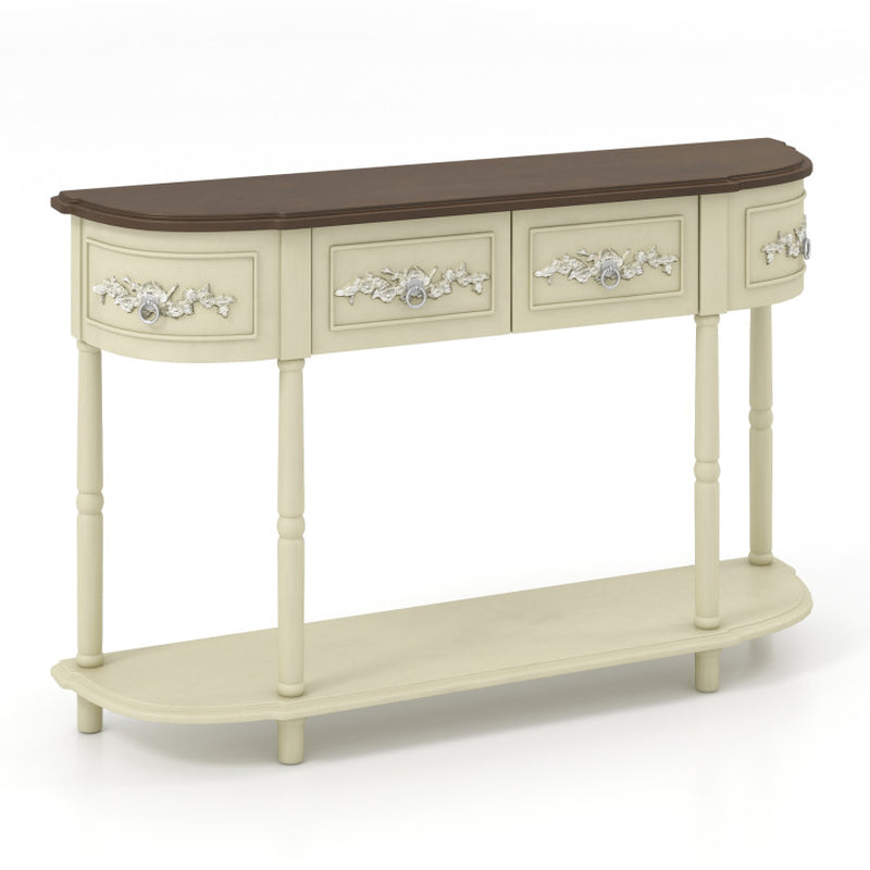 Retro Curved Console Table with Drawers and Solid Wood Legs