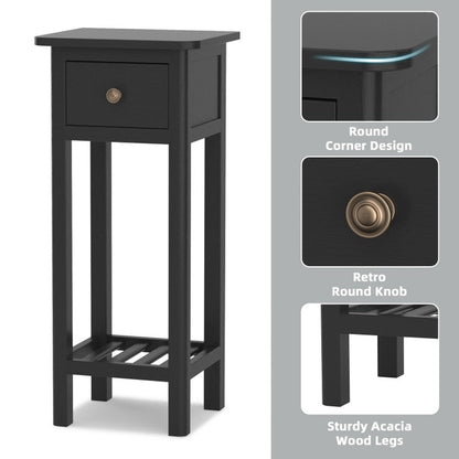 2 Tier Slim Nightstand Bedside Table with Drawer Shelf