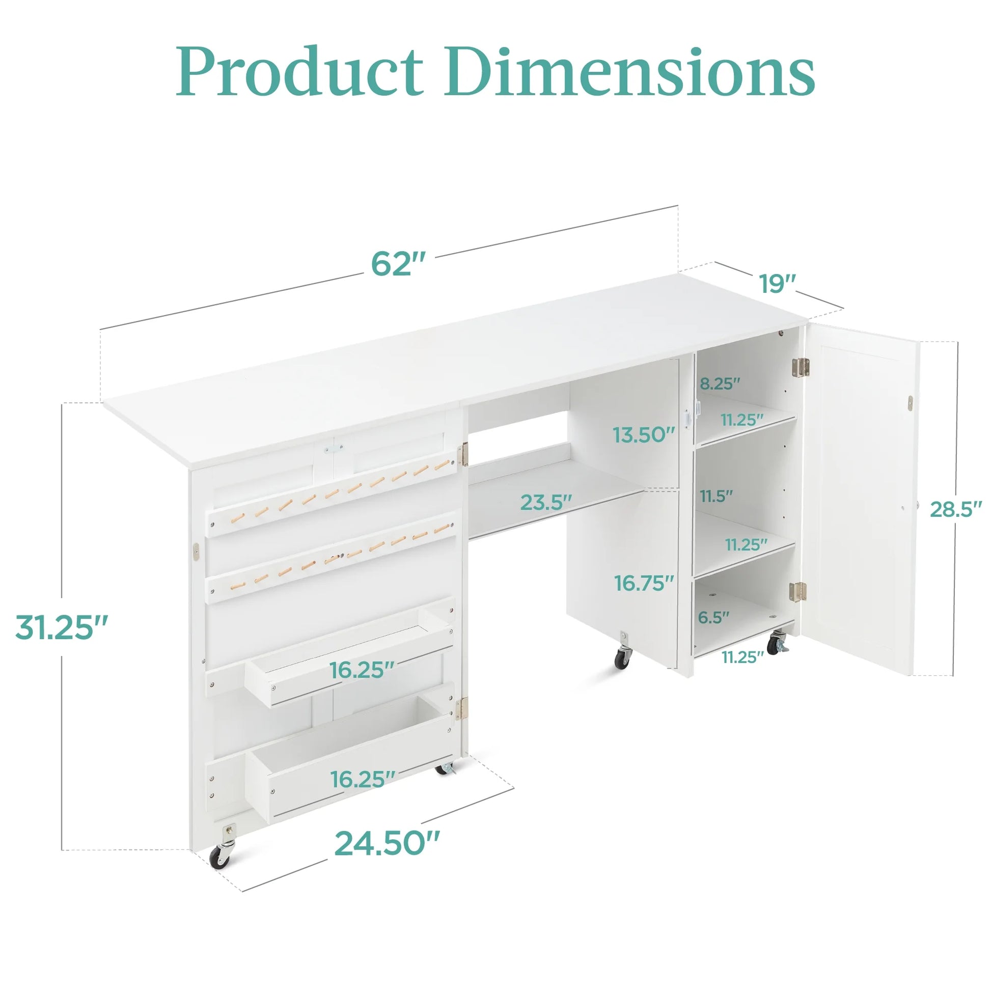 Large Portable Multipurpose Folding Sewing Table W/ Magnetic Doors, Craft Storage - White