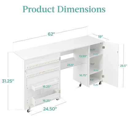 Large Portable Multipurpose Folding Sewing Table W/ Magnetic Doors, Craft Storage - White