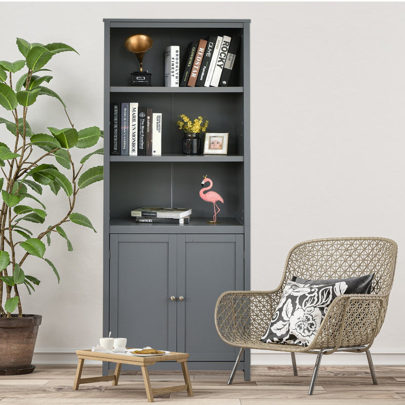 Standing Wooden Bookcase with 3 Tier Open Book Shelving and Double Doors