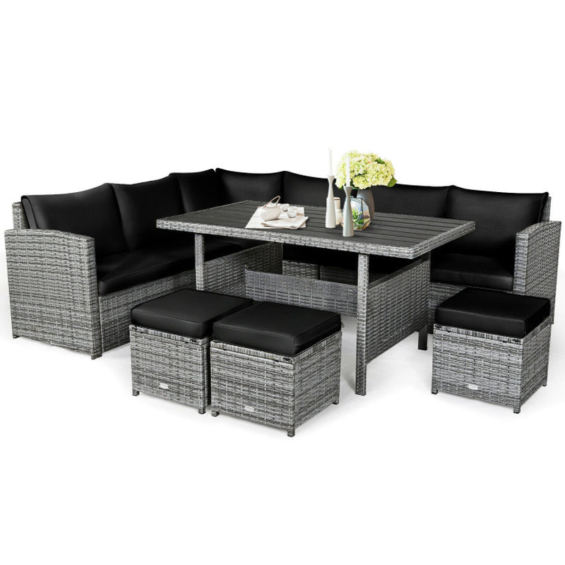 7 Pieces Outdoor Wicker Sectional Sofa Set with Dining Table