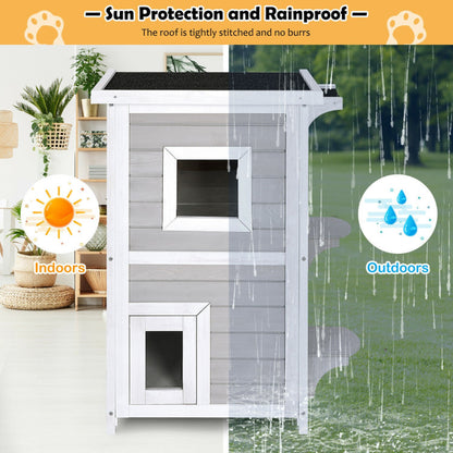 2-Story Wooden Cat House with Escape Door Rainproof