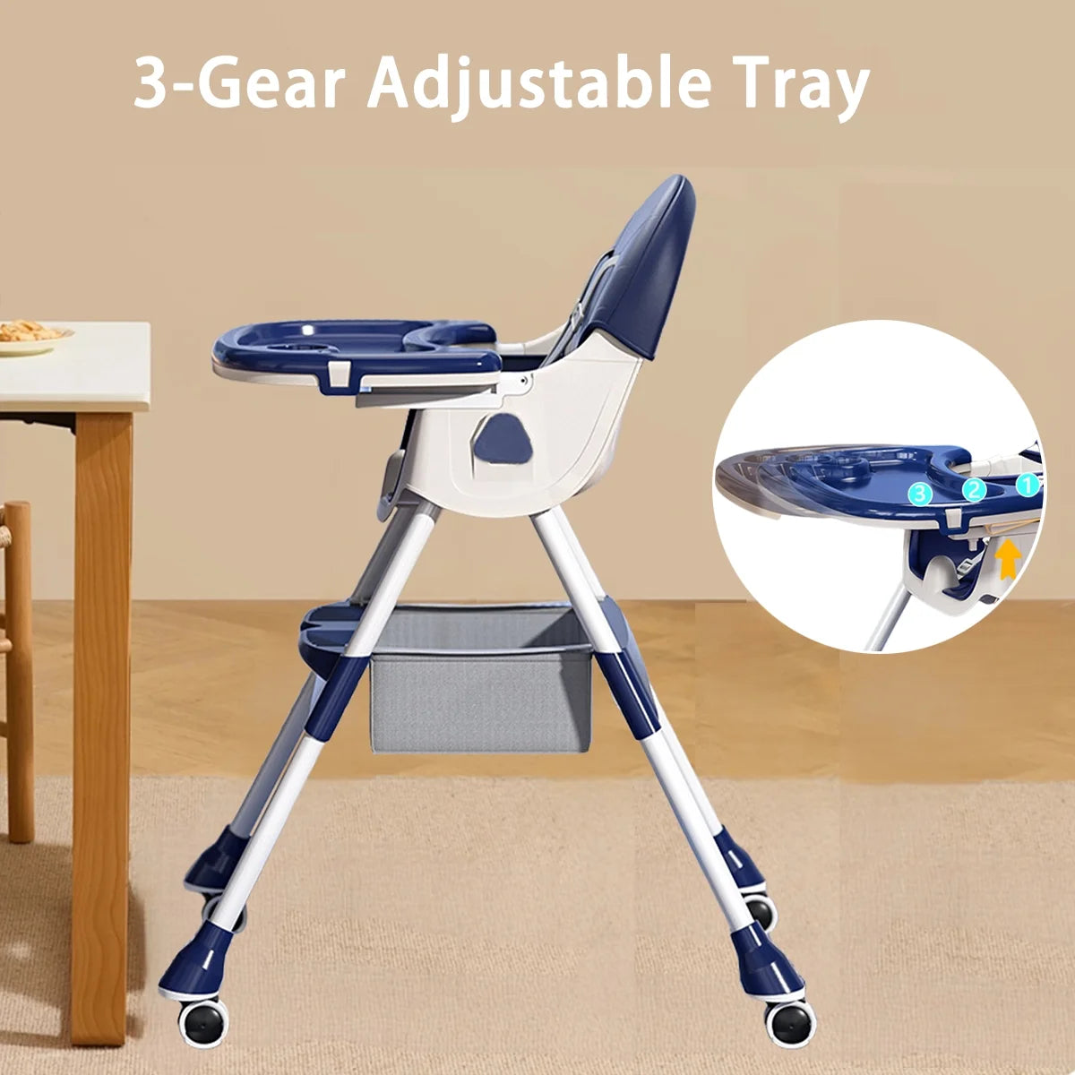 Portable High Chair with Wheels, Foldable Travel High Chair for Babies Toddlers, Blue