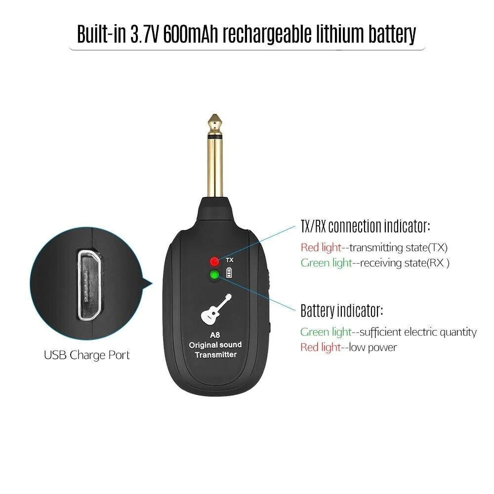 UHF Guitar Wireless System Transmitter+Receiver Built in Rechargeable Battery