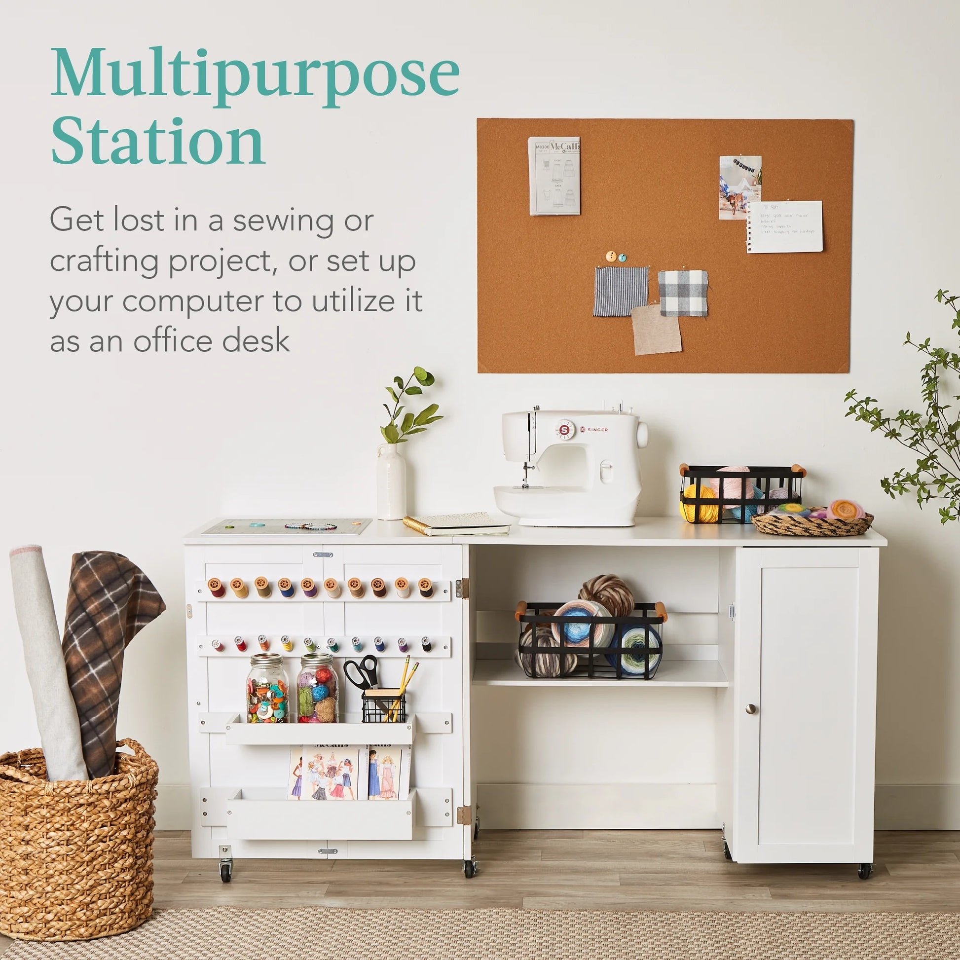 Large Portable Multipurpose Folding Sewing Table W/ Magnetic Doors, Craft Storage - White