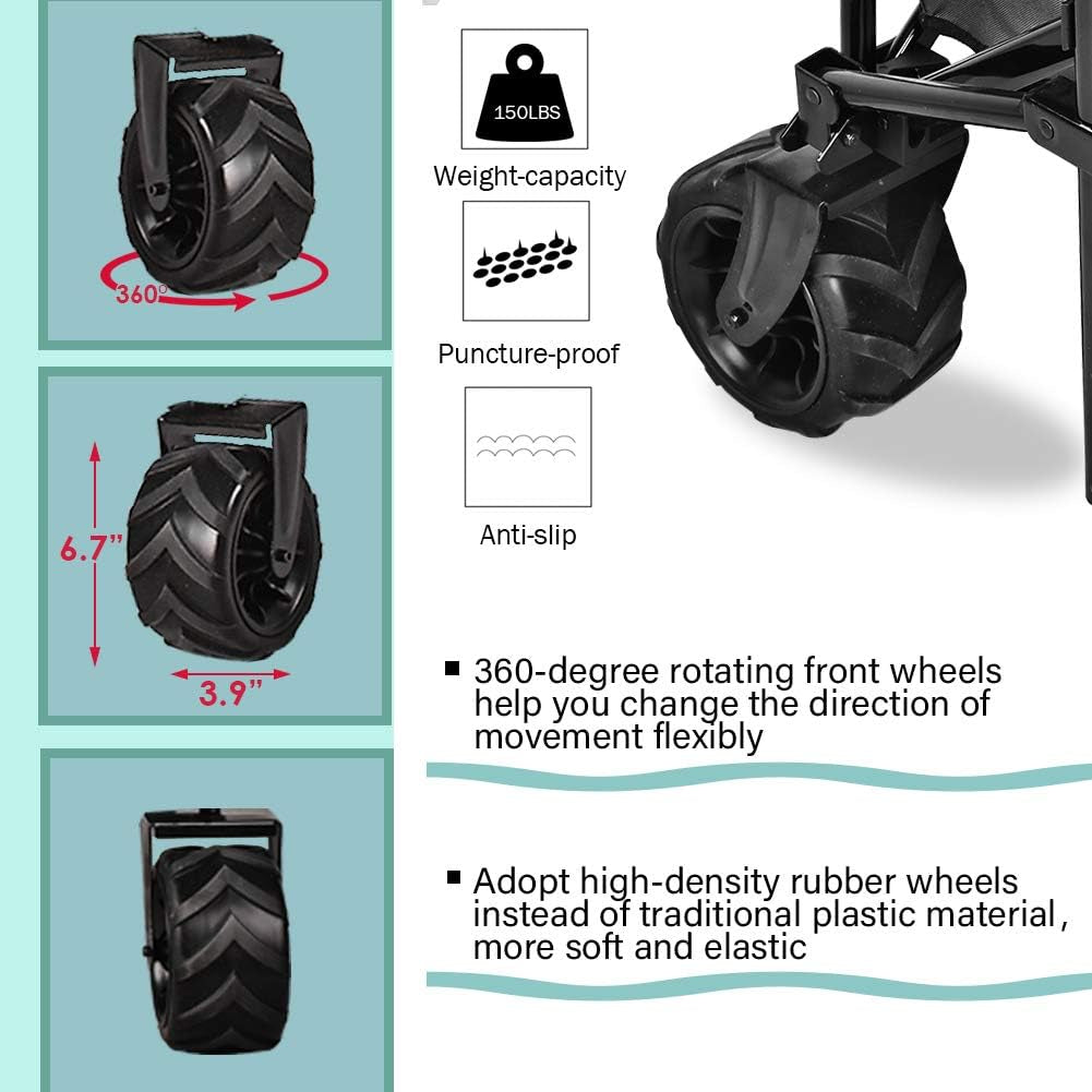 Folding Wagon Collapsible Utility Big Wheels Shopping Cart for Beach Outdoor Camping Garden Canvas Fabric All Terrain Heavy Duty Portable Grocery Cart Buggies Adjustable Handle (Black)