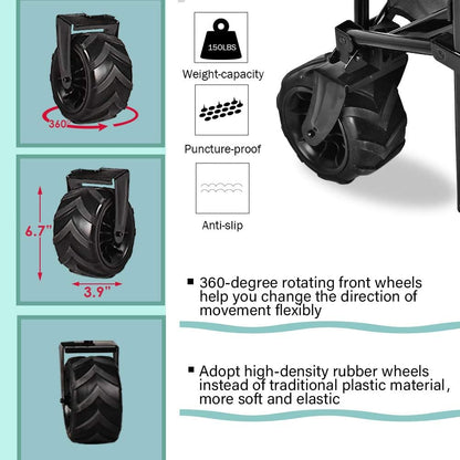 Folding Wagon Collapsible Utility Big Wheels Shopping Cart for Beach Outdoor Camping Garden Canvas Fabric All Terrain Heavy Duty Portable Grocery Cart Buggies Adjustable Handle (Black)