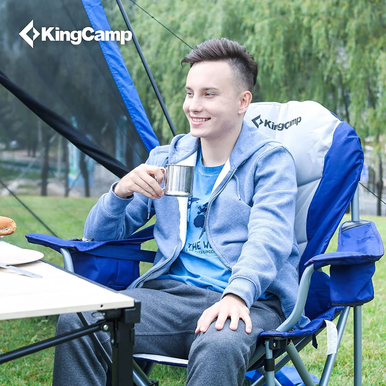 Oversized Camping Chairs Folding Heavy Duty Padded Lawn Chair with Lumbar Support for Adults Outdoors Fishing Picnic Travel Blue