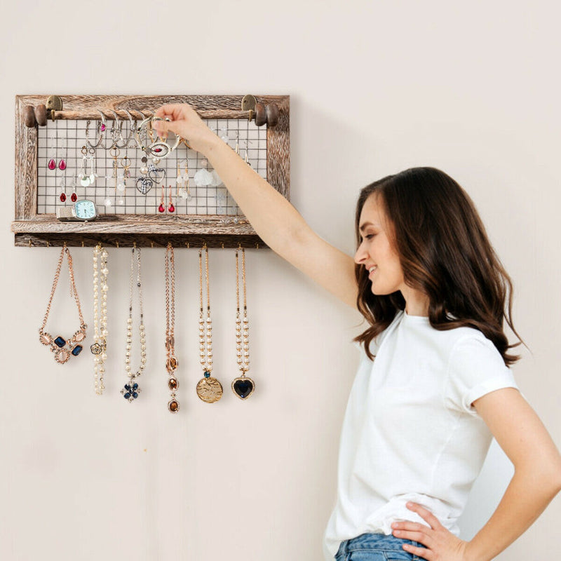 Vintage Wood Wall Mounted Jewelry Display Rack with Bracelet Rod