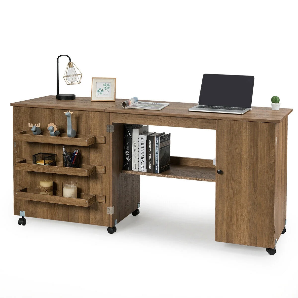 Folding Sewing Table Shelves Storage Cabinet Craft Cart W/Wheels Large Natural