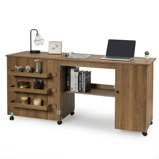 Folding Sewing Table Shelves Storage Cabinet Craft Cart W/Wheels Large Natural