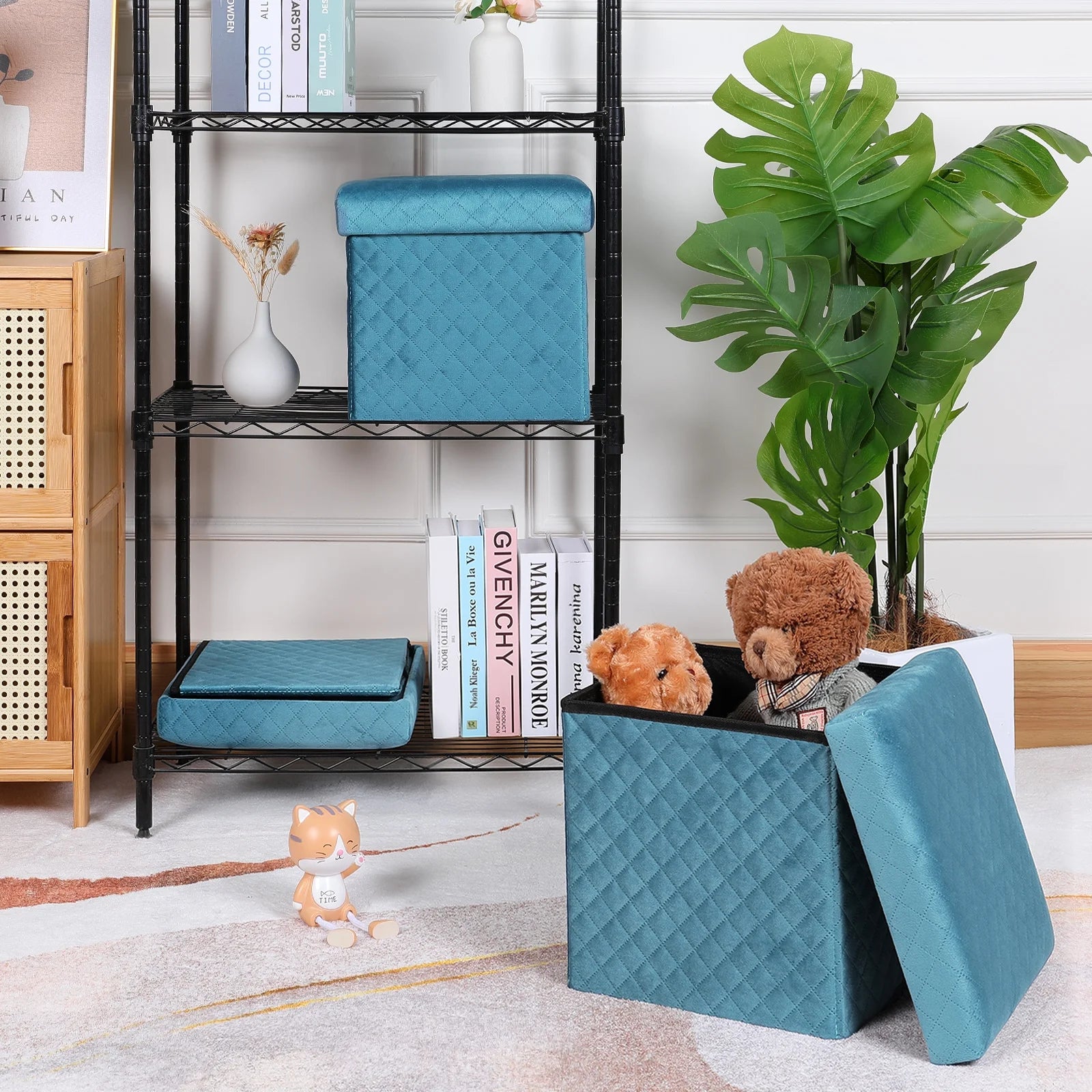 Folding Storage Ottoman Cube Velvet Tufted Space-Saving Toy Box Foot Rest Stool Seat for Home Bedroom, 11.8"